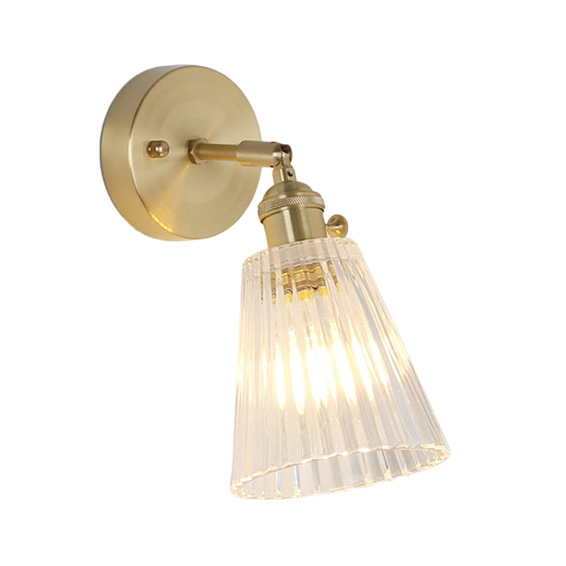 Postmodern Gold Wall Light With Clear Ribbed Glass - Conical Design Rotating Feature 1 Kit