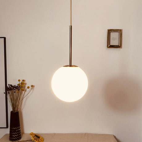 White Glass Ball Drop Pendant - 1 Light Brass Pendulum For Bedroom 6/8/10 Diameter / 6