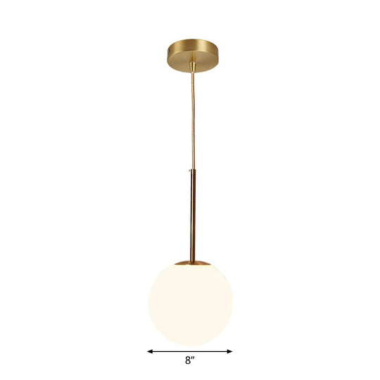 White Glass Ball Drop Pendant - 1 Light Brass Pendulum For Bedroom 6/8/10 Diameter