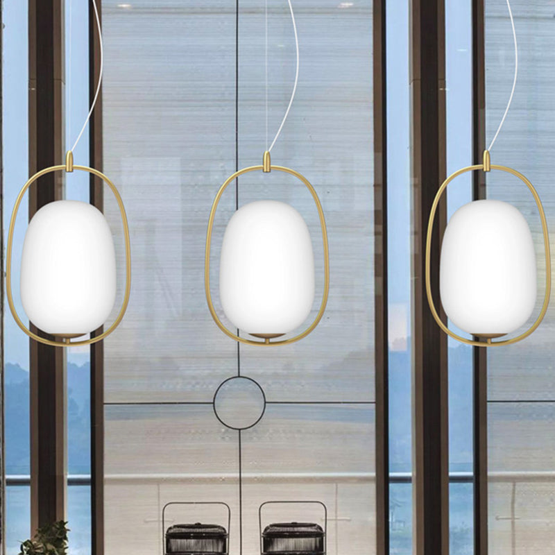 Postmodern Gold Cocoon Pendant Lamp With Frame And Glass Shade – Single Ceiling Hang Light