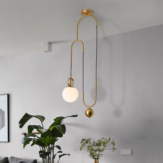 Opaline Glass Pendant Light Kit With Pulley - Postmodern 1-Light Hanging Lamp In Gold
