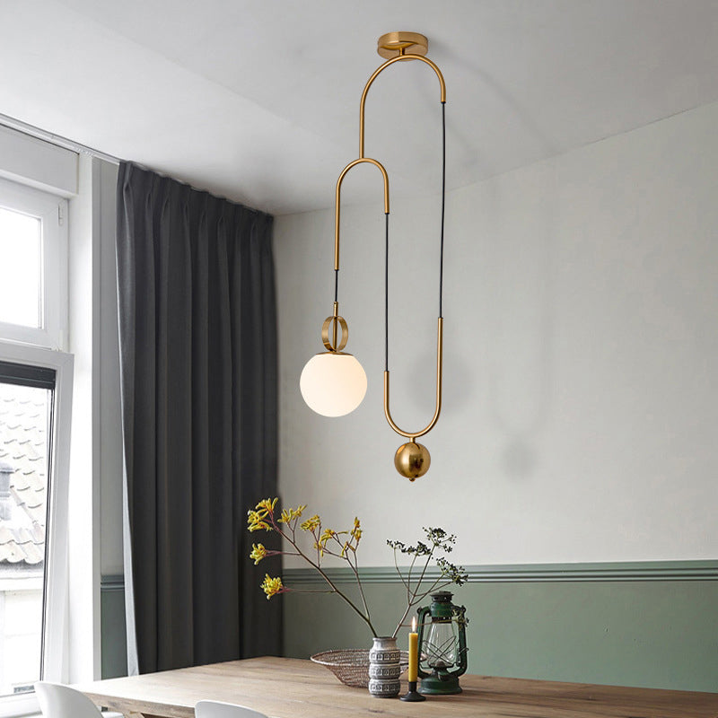 Opaline Glass Ball Pendant Light With Pulley - Postmodern Hanging Lamp In Gold