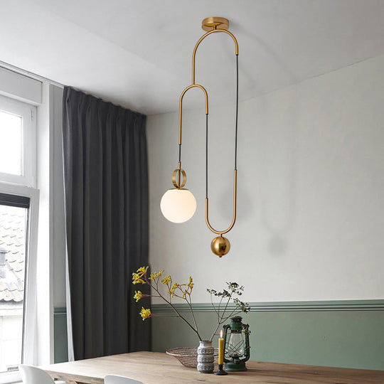 Opaline Glass Ball Pendant Light With Pulley - Postmodern Hanging Lamp In Gold