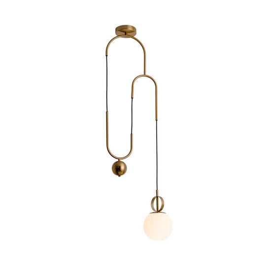 Opaline Glass Ball Pendant Light With Pulley - Postmodern Hanging Lamp In Gold