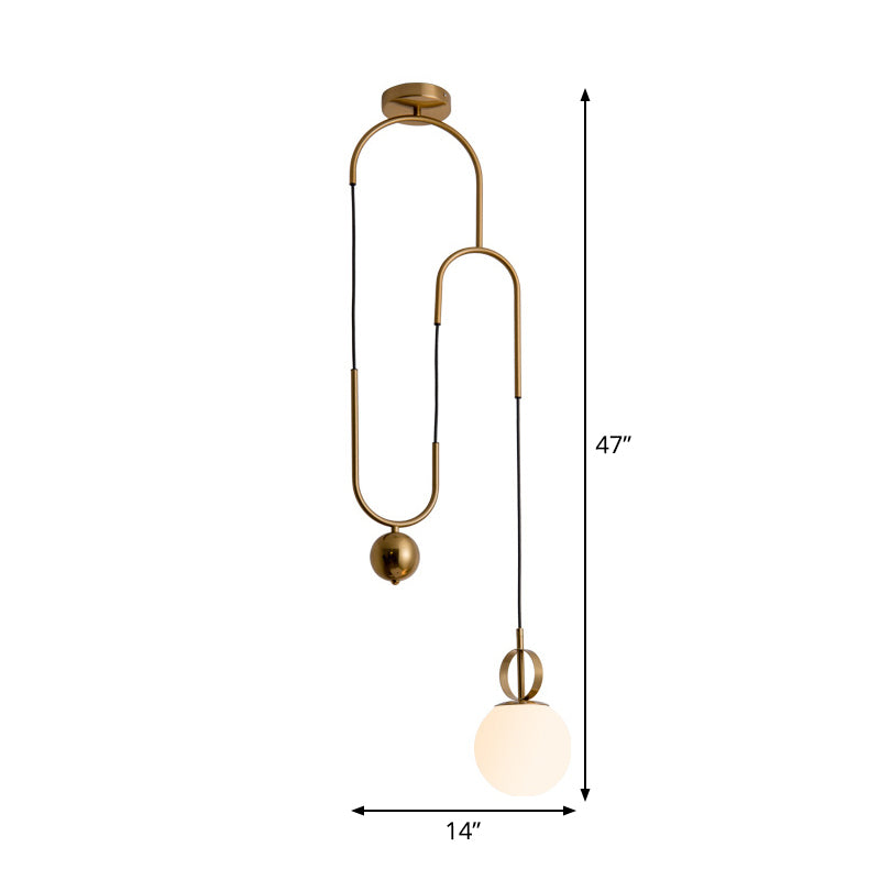 Opaline Glass Pendant Light Kit With Pulley - Postmodern 1-Light Hanging Lamp In Gold