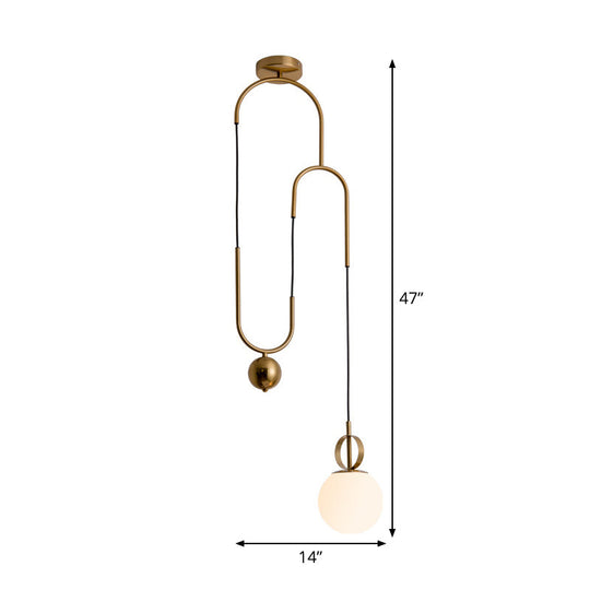 Opaline Glass Pendant Light Kit With Pulley - Postmodern 1-Light Hanging Lamp In Gold