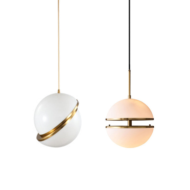 Frosted White Glass Sliced Sphere Hanging Lamp In Brass - Available 3 Sizes