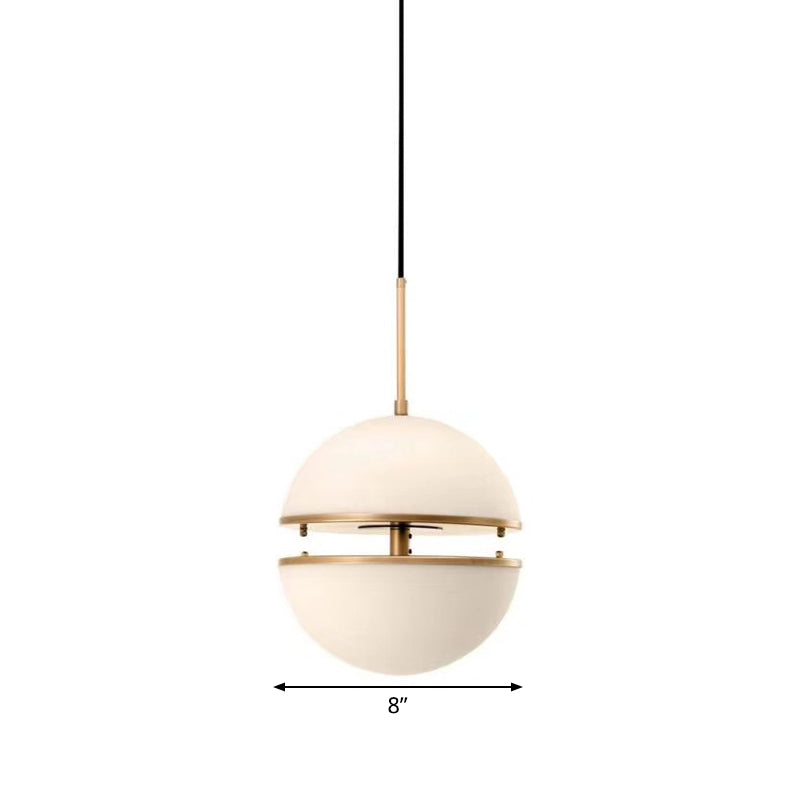 Frosted White Glass Sliced Sphere Hanging Lamp In Brass - Available 3 Sizes