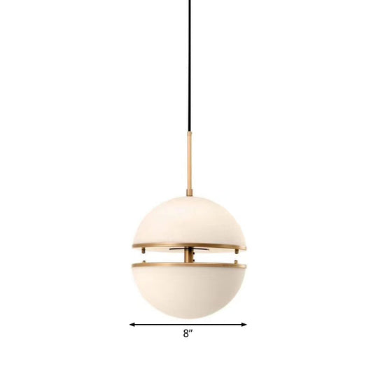 Frosted White Glass Sliced Sphere Hanging Lamp In Brass - Available 3 Sizes
