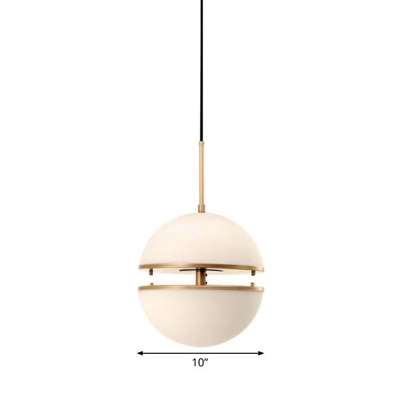 Frosted White Glass Sliced Sphere Hanging Lamp In Brass - Available 3 Sizes