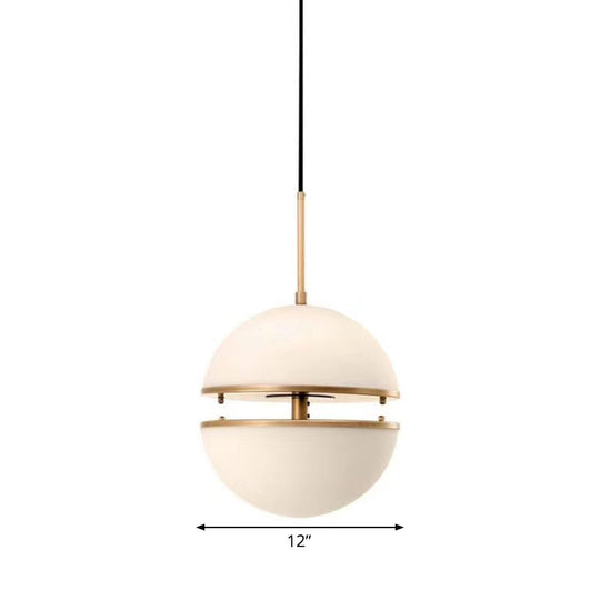 Frosted White Glass Sliced Sphere Hanging Lamp In Brass - Available 3 Sizes