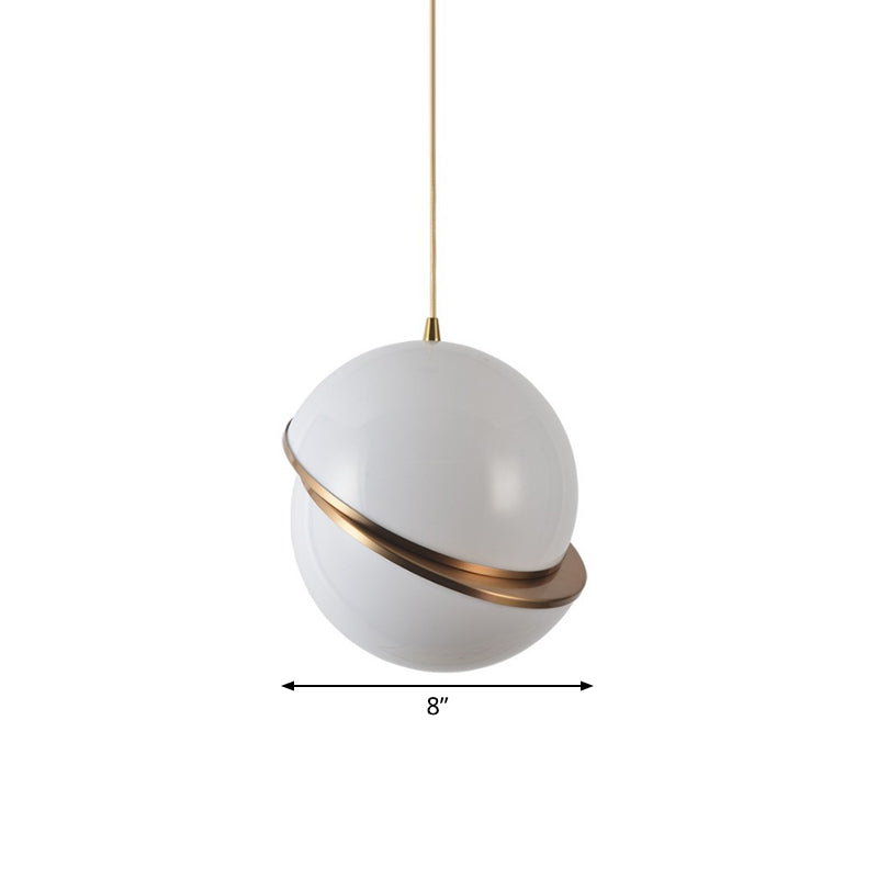 Frosted White Glass Sliced Sphere Hanging Lamp In Brass - Available 3 Sizes