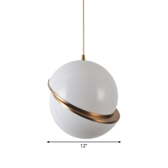 Frosted White Glass Sliced Sphere Hanging Lamp In Brass - Available 3 Sizes