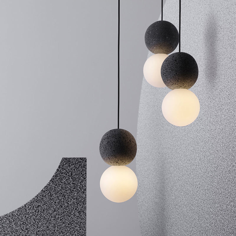 Cement Twin Ball Ceiling Pendant Lamp - Postmodernist Design Black With Opal Glass Shade