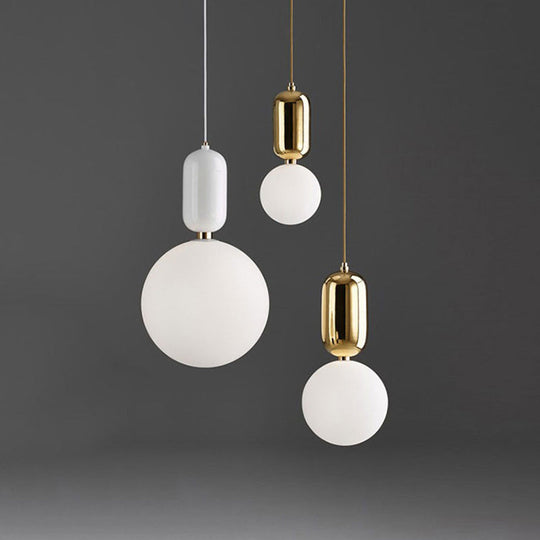 Postmodern 1-Light Pendant Lamp With Milky Ball Glass Shade - White/Gold Capsule Ceiling Hang