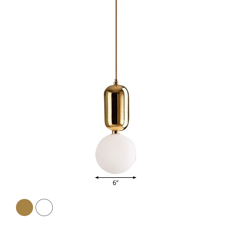 Postmodern 1-Light Pendant Lamp With Milky Ball Glass Shade - White/Gold Capsule Ceiling Hang