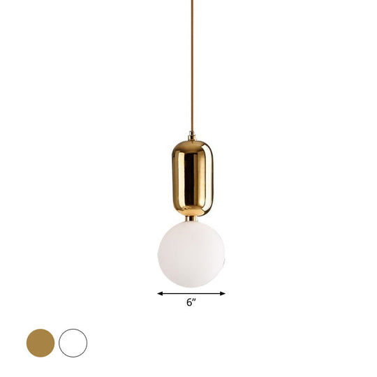 Postmodern 1-Light Pendant Lamp With Milky Ball Glass Shade - White/Gold Capsule Ceiling Hang