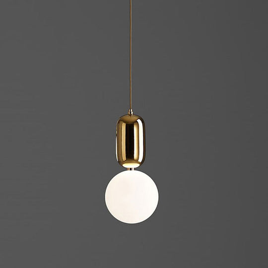 Postmodern 1-Light Pendant Lamp With Milky Ball Glass Shade - White/Gold Capsule Ceiling Hang