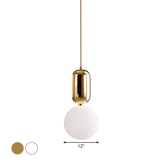 Postmodern 1-Light Pendant Lamp With Milky Ball Glass Shade - White/Gold Capsule Ceiling Hang