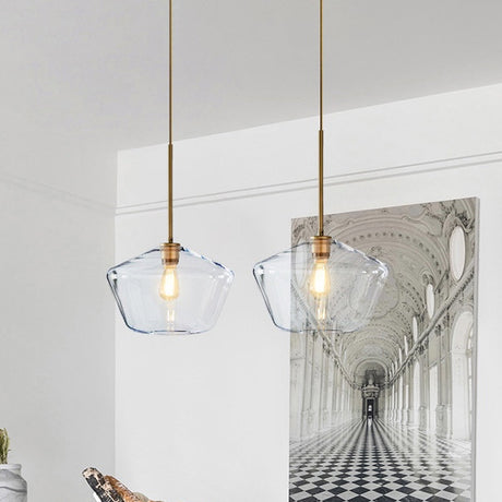 Postmodern Clear Glass Pendant Light In Gold For Restaurants - 1-Light Gyro/Gem/Diamond Design