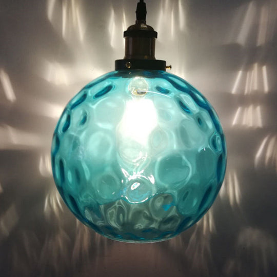 Blue Rippled Glass Ball Hanging Light - Modern 1 Brass Ceiling Lamp 8/10/12 W