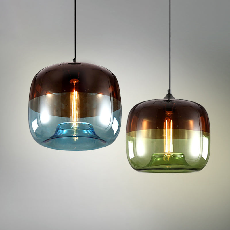 Postmodern Blue/Green-Brown Glass Drum Pendant Ceiling Light - Stylish 1 Bulb Suspension Lamp For