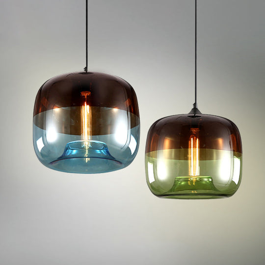 Postmodern Blue/Green-Brown Glass Drum Pendant Ceiling Light - Stylish 1 Bulb Suspension Lamp For