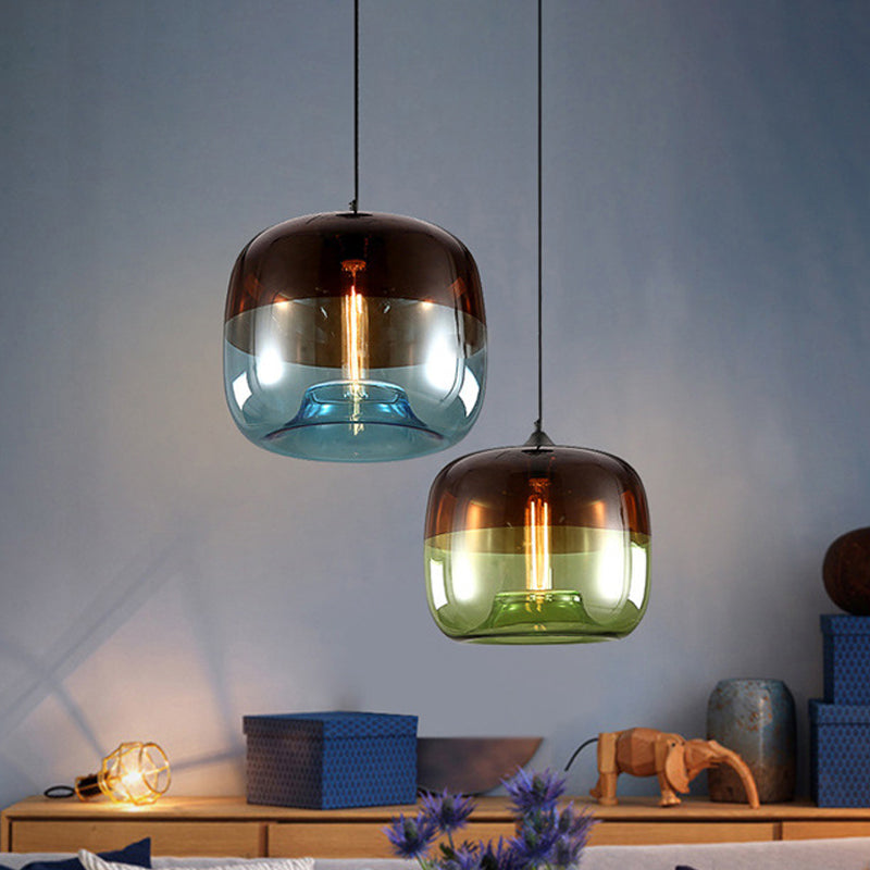 Postmodern Blue/Green-Brown Glass Drum Pendant Ceiling Light - Stylish 1 Bulb Suspension Lamp For