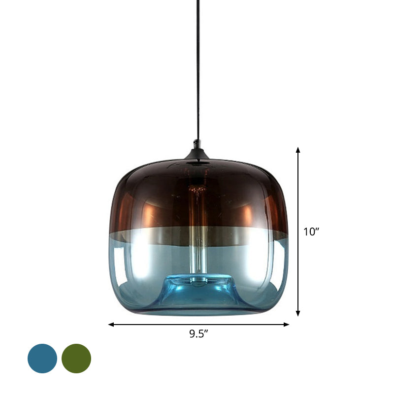 Postmodern Blue/Green-Brown Glass Drum Pendant Ceiling Light - Stylish 1 Bulb Suspension Lamp For