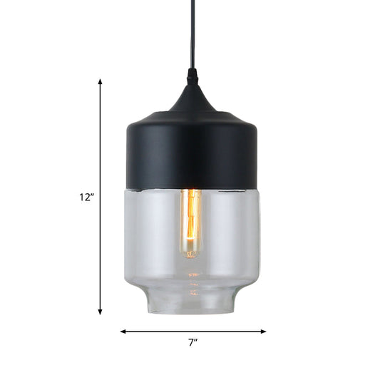 Modern Black Pendant Lamp With Jar Clear Glass Shade - 1-Light Restaurant Down Lighting