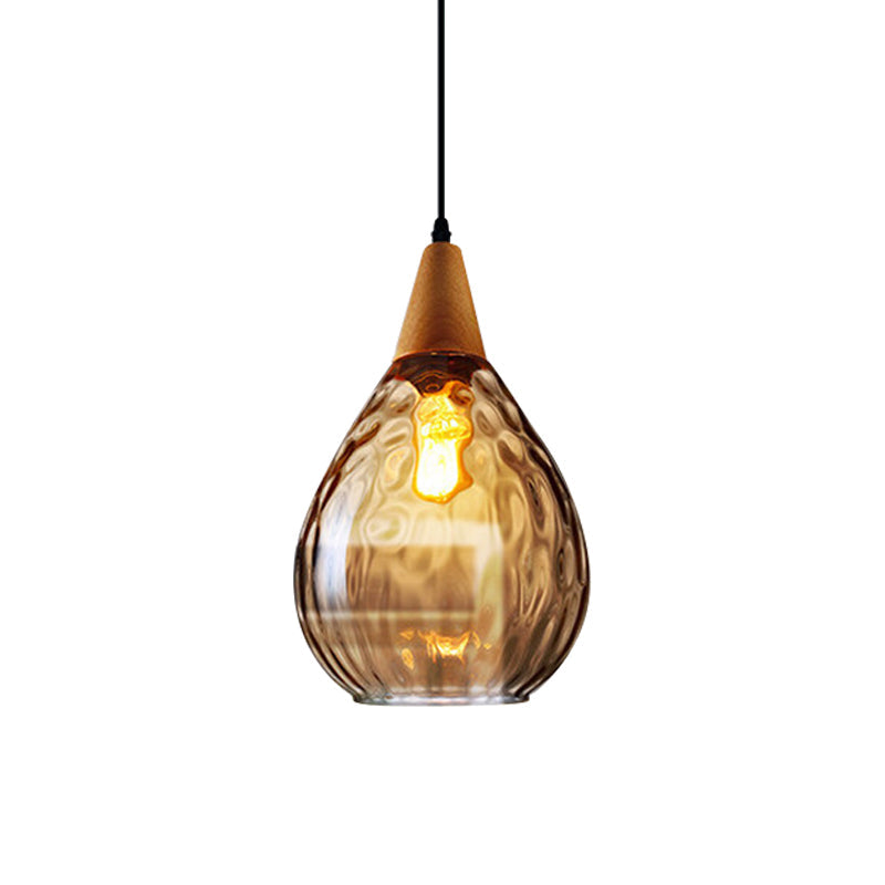 Modern Wood Teardrop Pendant Light With Amber Water Glass For Restaurant - 6’/8’ Wide