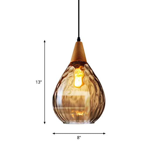 Modern Wood Teardrop Pendant Light With Amber Water Glass For Restaurant - 6’/8’ Wide