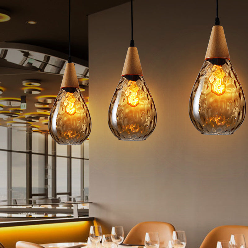 Modern Wood Teardrop Pendant Light Fixture - 6/8 Wide Amber Water Glass Hanging Lamp For Restaurants
