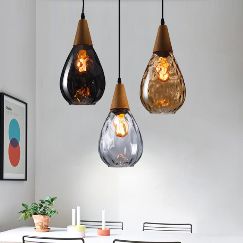 Modern Wood Teardrop Pendant Light With Amber Water Glass For Restaurant - 6’/8’ Wide