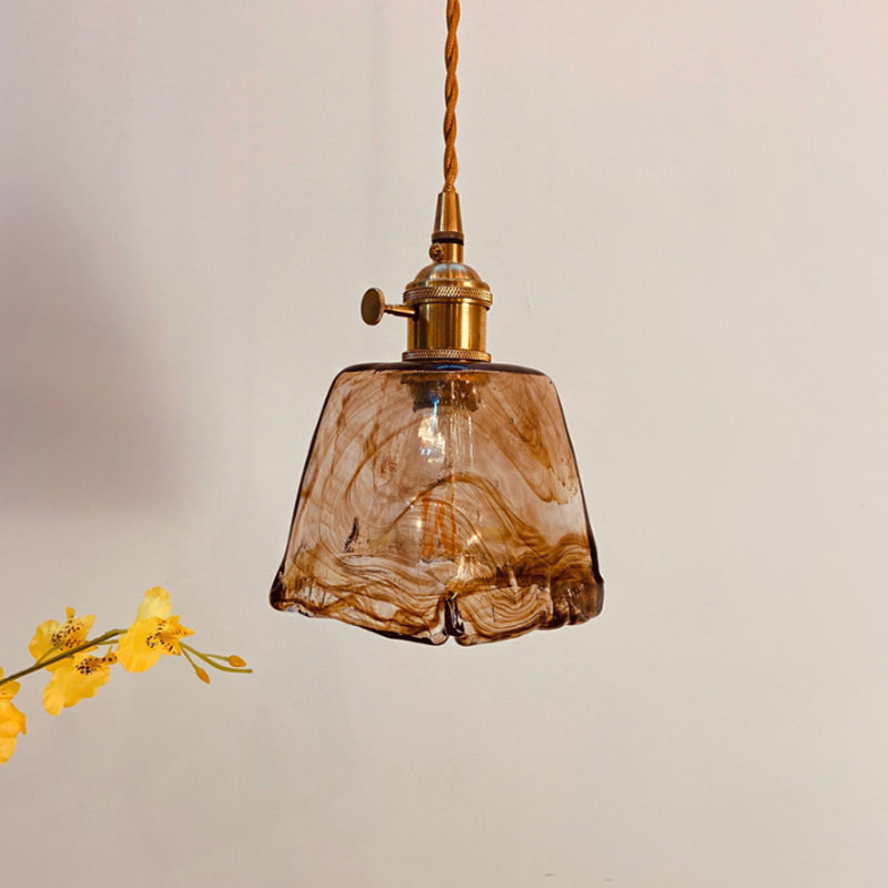 Modern Hanging Pendant Light With Amber Alabaster Glass And Brass Down Lighting For Dining Room -