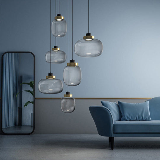Modern Smoke Grey Glass Ellipse Pendant Light For Living Room With Warm/White/Natural Lighting