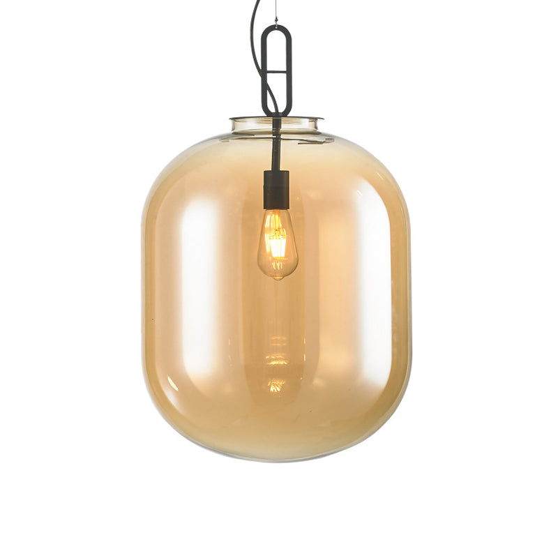 Modern Black Ovale Ceiling Hanging Light With Smoke Grey/Amber Glass Pendant - 1 Bulb Lighting
