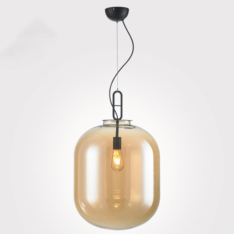Modern Black Ovale Ceiling Hanging Light With Smoke Grey/Amber Glass Pendant - 1 Bulb Lighting