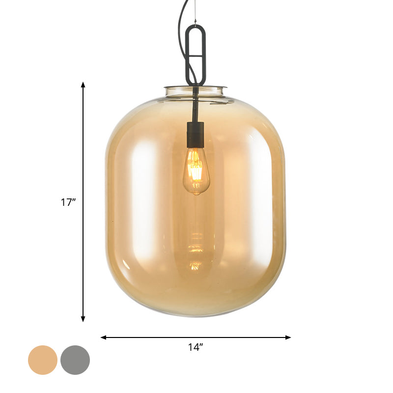 Modern Black Ovale Ceiling Hanging Light With Smoke Grey/Amber Glass Pendant - 1 Bulb Lighting