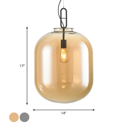 Modern Black Ovale Ceiling Pendant Light Fixture - 1 Bulb Smoke Grey/Amber Glass Sizes 9.5/14/17