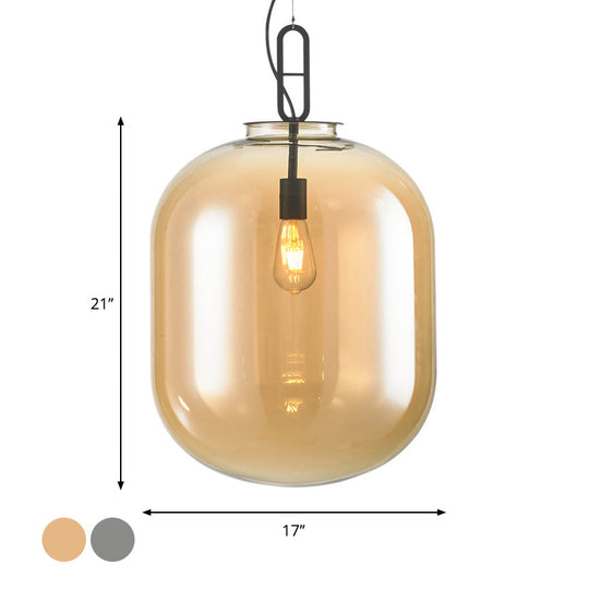 Modern Black Ovale Ceiling Hanging Light With Smoke Grey/Amber Glass Pendant - 1 Bulb Lighting