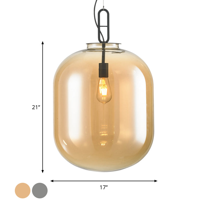 Modern Black Ovale Ceiling Pendant Light Fixture - 1 Bulb Smoke Grey/Amber Glass Sizes 9.5/14/17