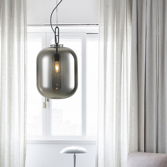 Modern Black Ovale Ceiling Hanging Light With Smoke Grey/Amber Glass Pendant - 1 Bulb Lighting