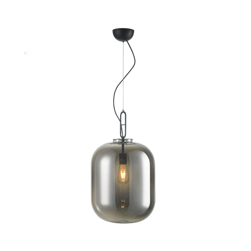Modern Black Ovale Ceiling Hanging Light With Smoke Grey/Amber Glass Pendant - 1 Bulb Lighting