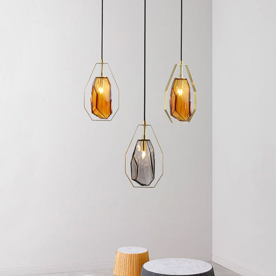 Postmodernist 1-Light Brass Pendant Lamp With Amber/Smoke Grey Glass And Heptagon Frame Smoke Gray