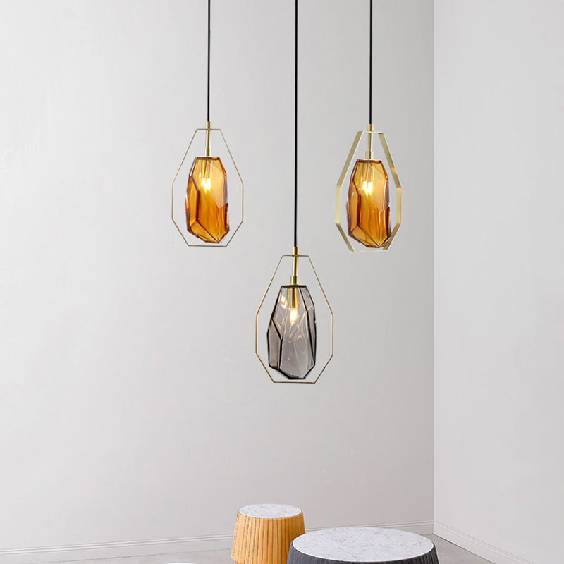 Modernist Glass Pendant Lamp With Brass Heptagon Frame - Gem Amber/Smoke Grey 1 Light Smoke Gray