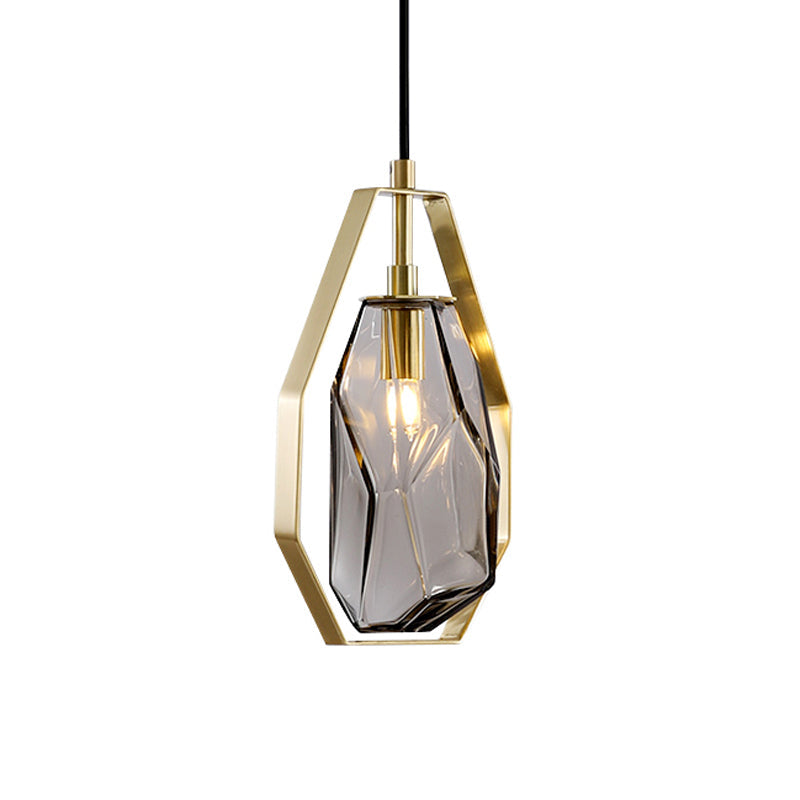 Modernist Glass Pendant Lamp With Brass Heptagon Frame - Gem Amber/Smoke Grey 1 Light