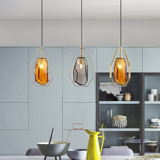 Modernist Glass Pendant Lamp With Brass Heptagon Frame - Gem Amber/Smoke Grey 1 Light Amber