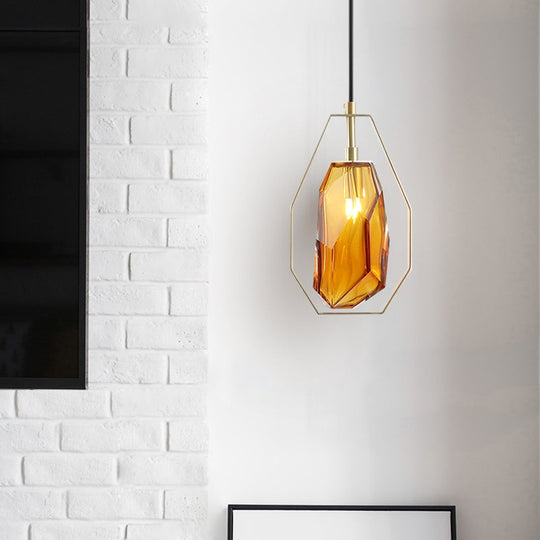 Modernist Glass Pendant Lamp With Brass Heptagon Frame - Gem Amber/Smoke Grey 1 Light