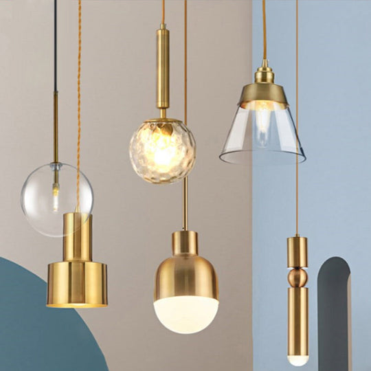 Postmodern Gold Conical/Hoop/Grenade Hanging Lamp - 1-Light Metal/Clear Glass Suspension Pendant